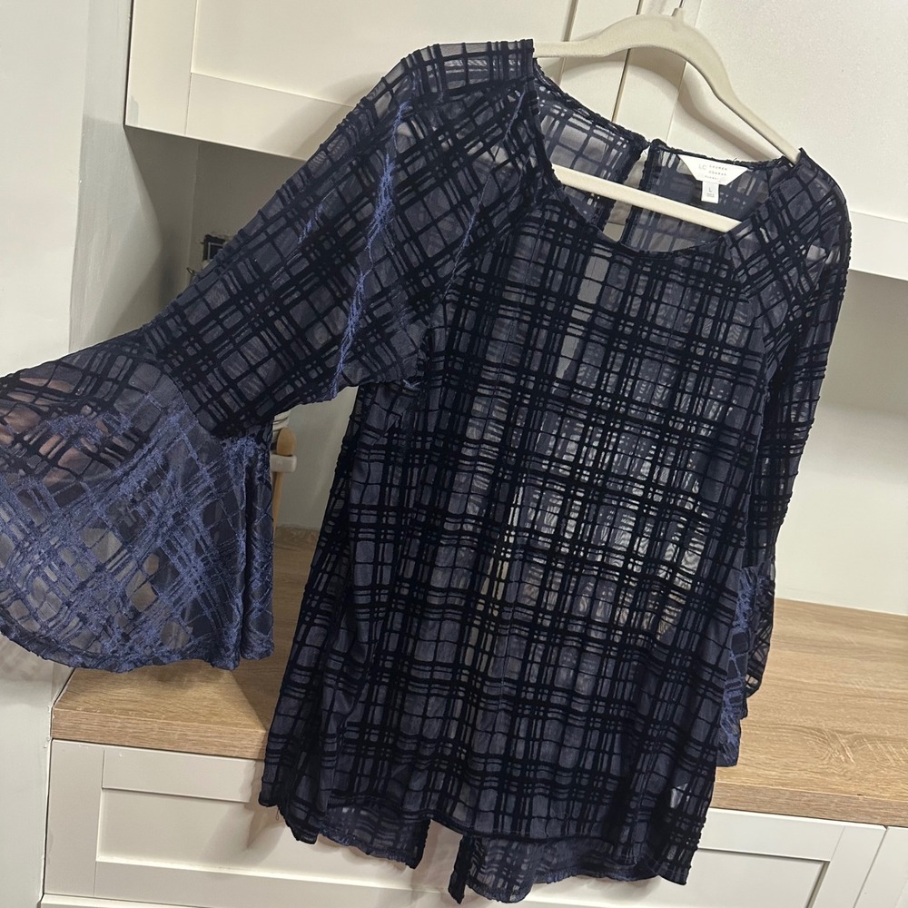 Whimsigoth Velvet Burnout Bell Sleeve Plaid Top Goth Sheer Mesh Blouse US L
